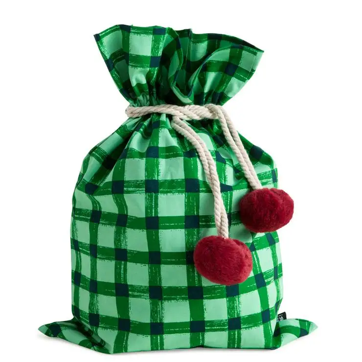 Christmas Decorations Canvas Drawstring Santa Sack with Pom Pom