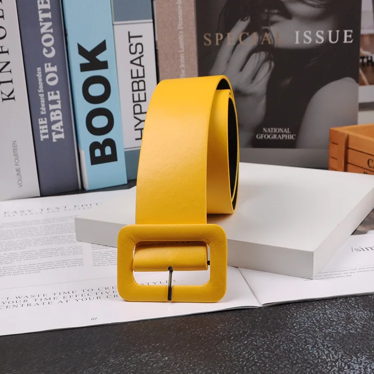 2019 New Fashion Accessories Casual Female Solid Plastic Head Smooth Buckle Stylish Candy Color PU Leather Belt Yellow
