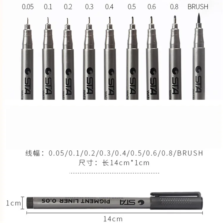 
Pigment Liner 9 sizes set High Quality STA 8050 Ink Marker Pen Brush Tip Black Fineliner fine point Sketching Pen 