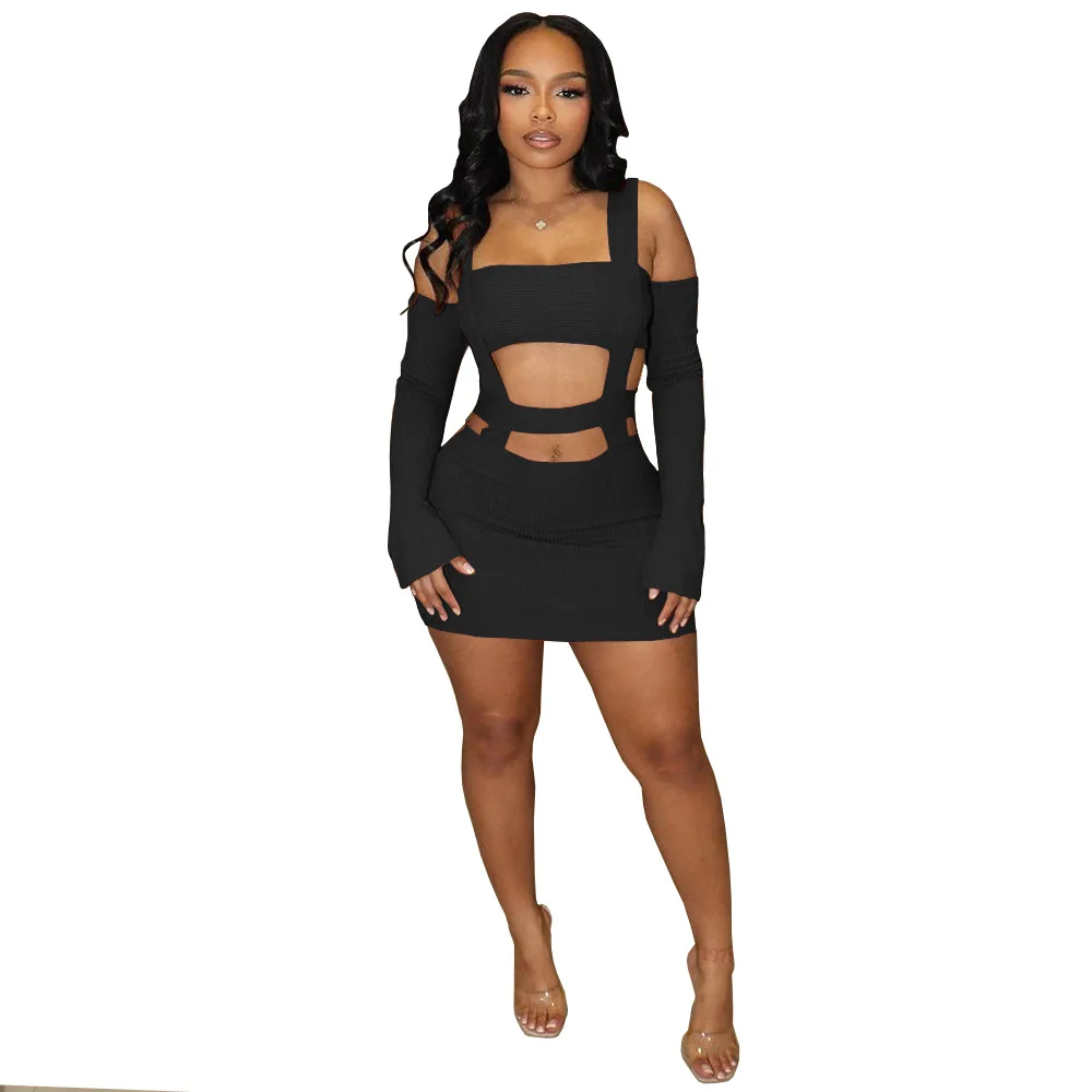 Fashion sexy hot girl hollow out navel suspender sleeve sheath short dress