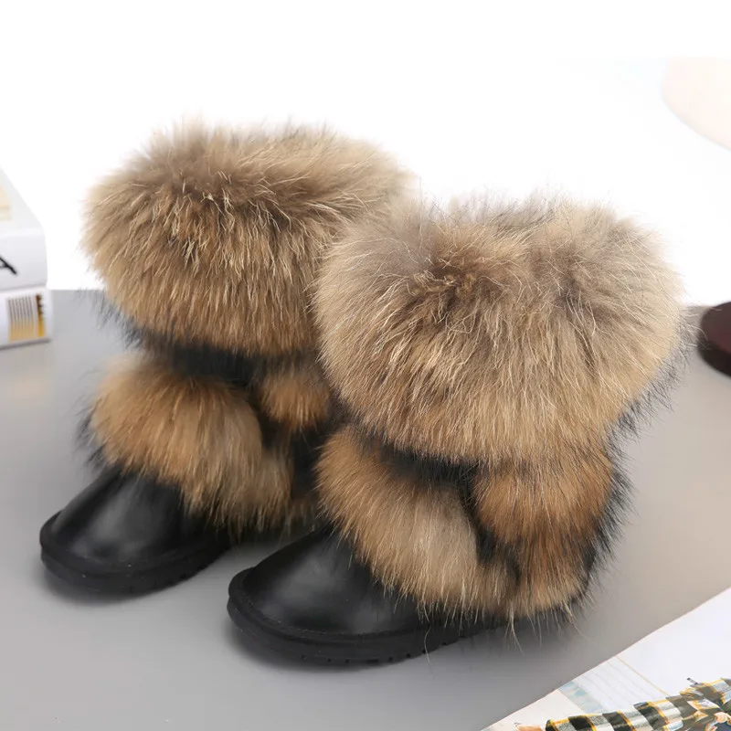 Plus Size Real Racoon Fur Collar Boots Winter Warm Casual Women Shoes Furry Genuine Sheepskin Leather Snow Women Winter Boots