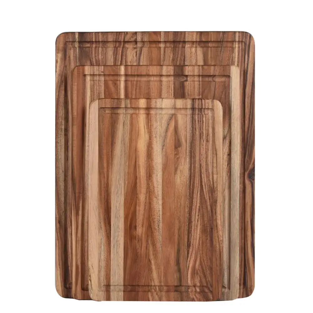 Толстый набор из 3 кухонных разделочных досок из дерева акации, органические разделочные доски с канавками для сока для мяса