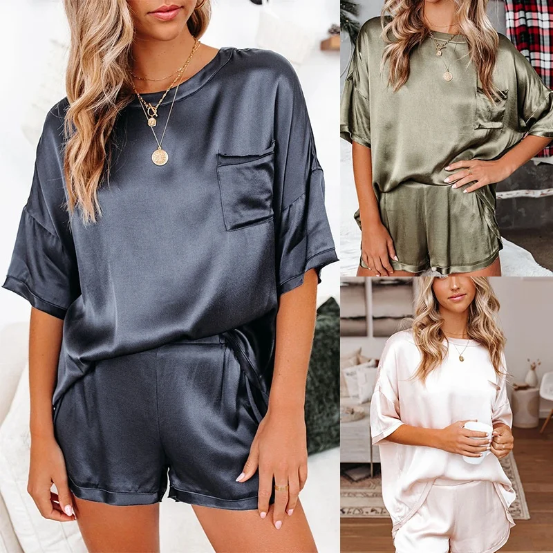 Cowinner Womens Silk Satin Pajama Set Short Sleeve Top and Pants Sleepwear Loungewear Pjs Sets