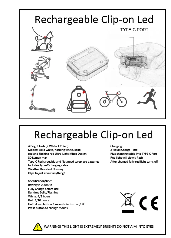  Type C Rechargeable Firefly Clip On LED Safety Running Jogging Grow