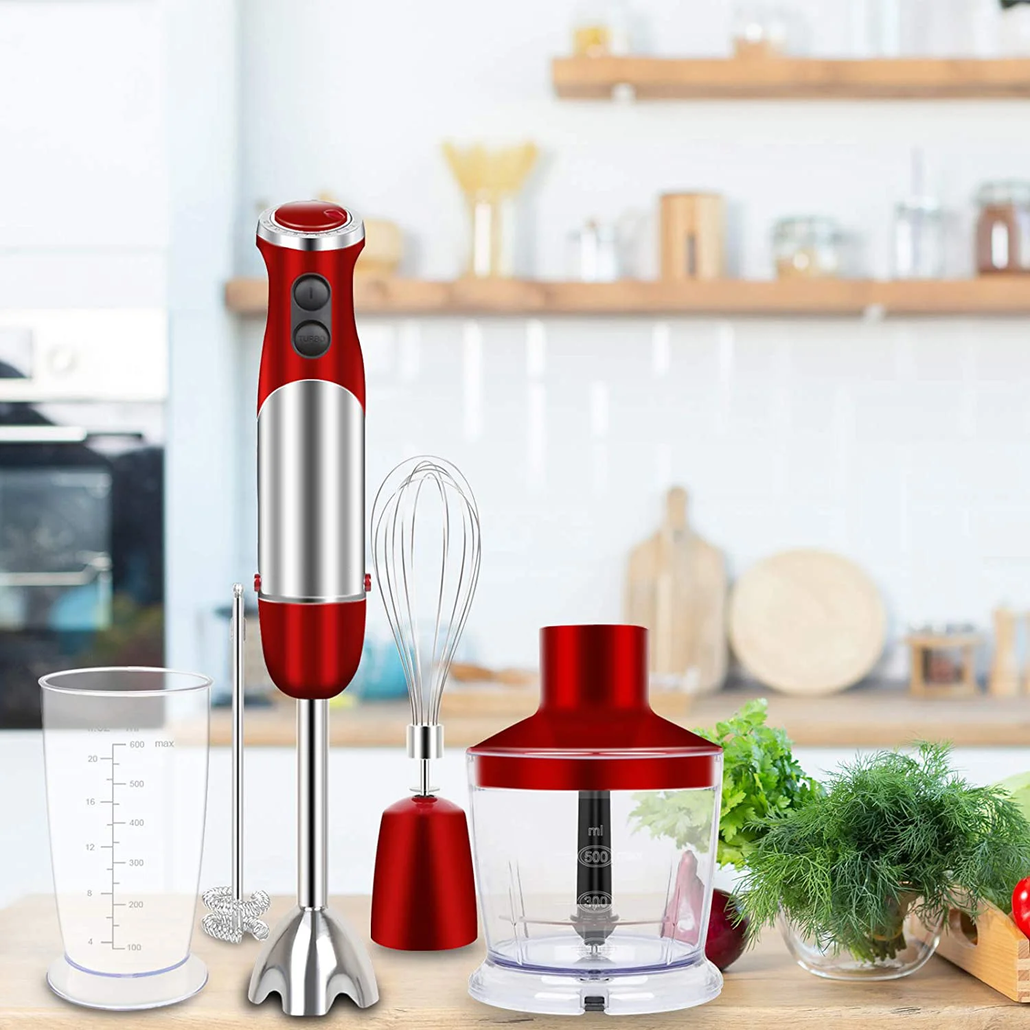 Customized color 4 in 1 hand blender with egg whisk milk frother hand stick blender for making food