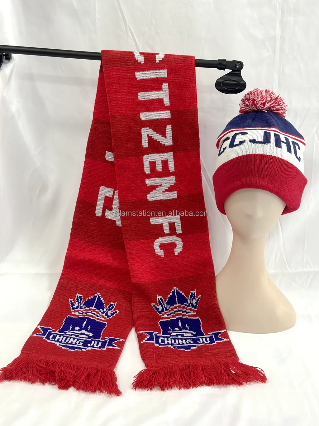 Winter Beanie Hats with  pom pom ball on top and Customized own design trophy star yellow blue Scarf  Set