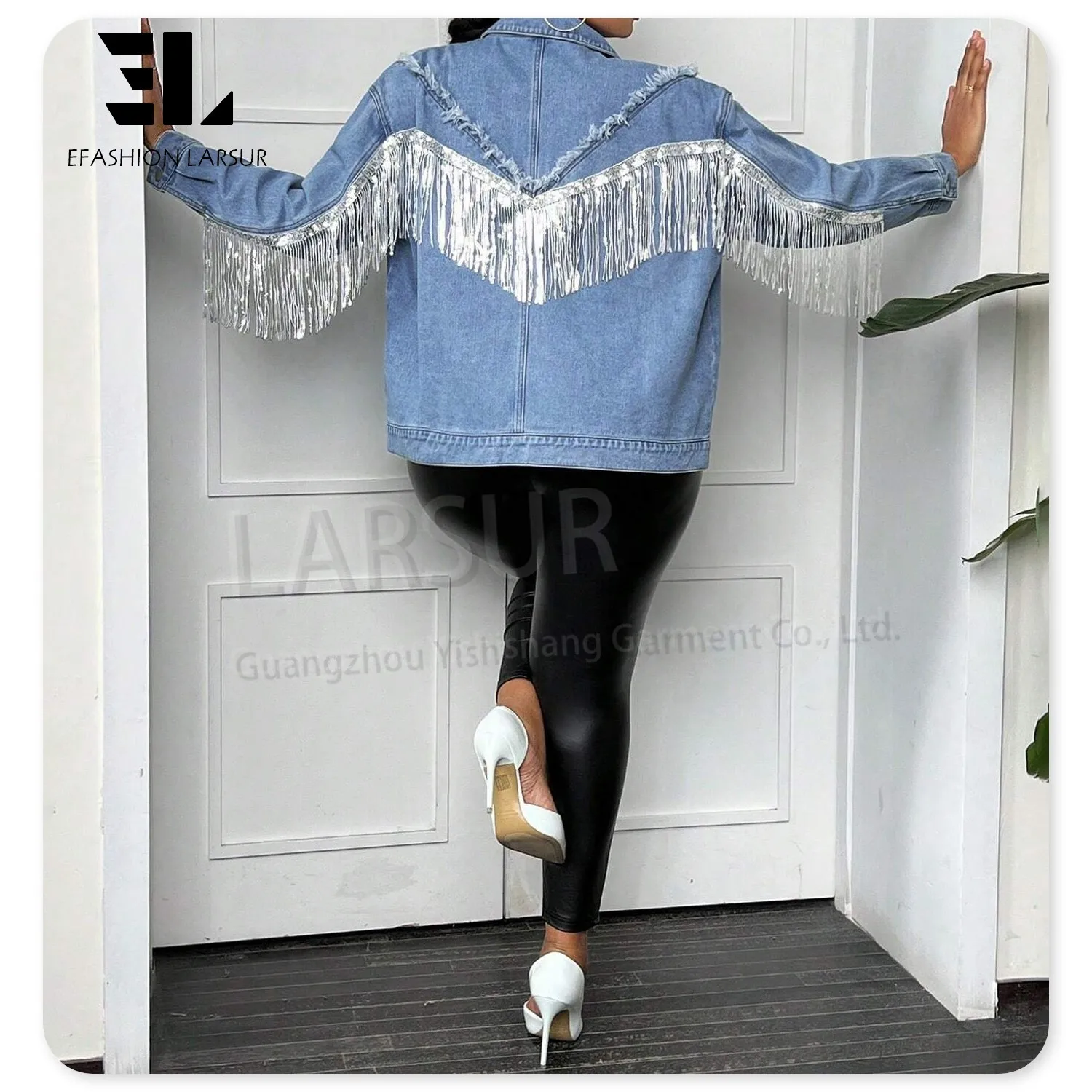 LARSUR denim factory sequins fringe trim denim jacket with tassels for women drop shoulder ladies female fringe jean jackets