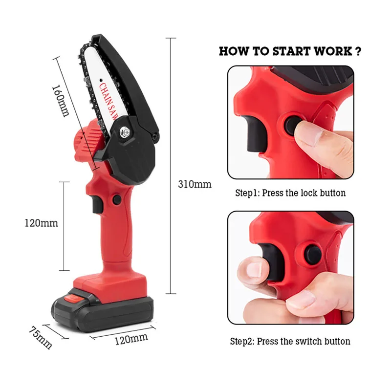 4 Inch 21V Cordless Rechargeable Chain Saw Battery Powered Electric for Tree Branch Wood Cutting