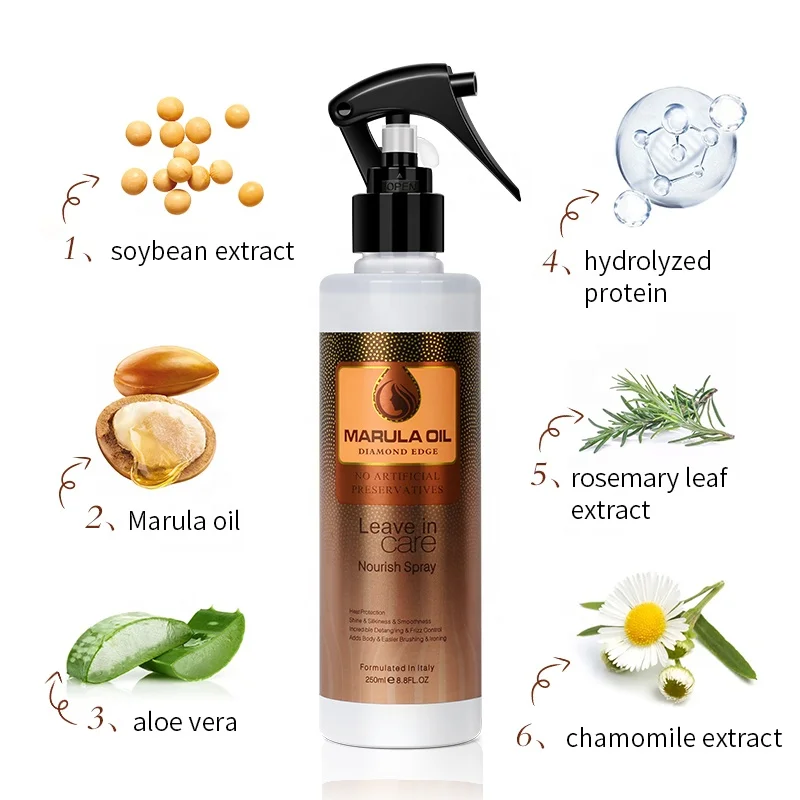 Free Samples Private Label Shine Silky Hair Care Nourishing Marula Oil Leave-in Spray for Dry Frizzy Hair