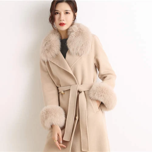 wholesale fashion winter clothes thick wool trench coat double breasted fox fur collar and cuffs womens winter wool coat