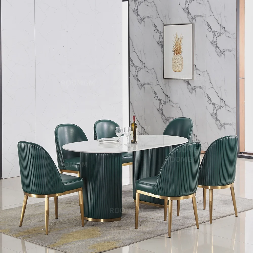 Modern Luxury Green PVC Stone Dining Tables and Chairs Set for Home Home Furniture Kitchen Table PVC, Steel Sintered Stone