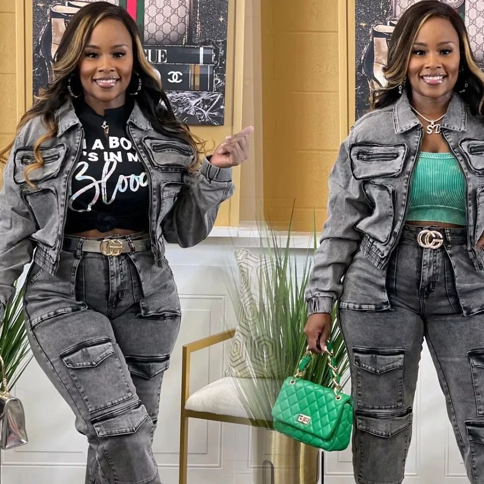 2024 new autumn/winter sexy high elastic multi-pocket washed denim leisure suit two-piece set