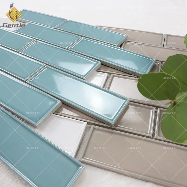New Style Foshan Factory Mould Surface Long square Shape peacock blue Glazed Porcelain Tiles Mosaic Green For Wall Backsplash
