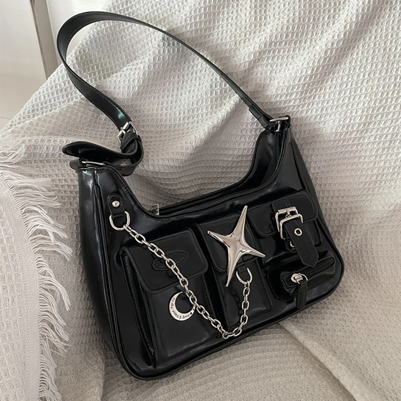 E2713 Gimmick up Mode Style Casual Leather Bag Goth Gothic Black Y2k Fashionable Multi-Pocket Shoulder Bag For Women