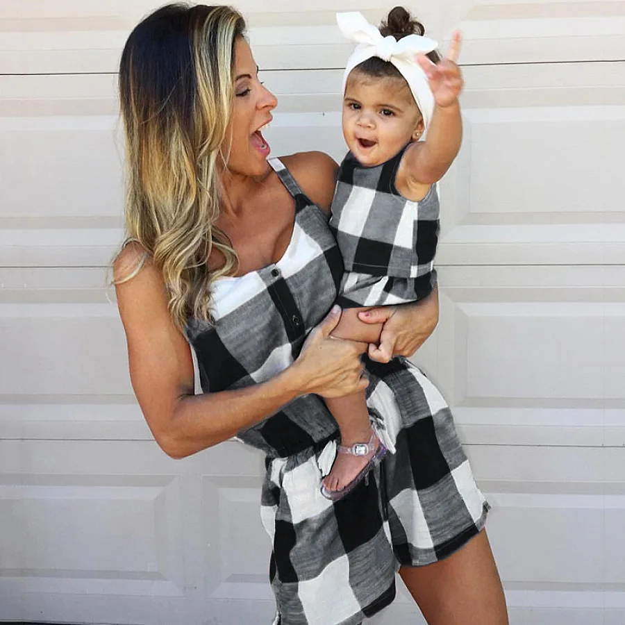 
suspender plaid jumpsuit matching clothing mother and daughter family clothes for kid and parent mommy and me outfits 