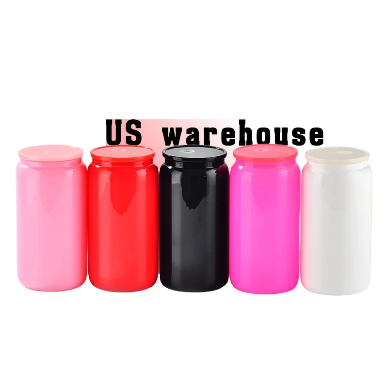 USA Warehouse 16oz Sublimation Clear Glass Mug  16 oz colorful Glass Beer Can With Bamboo Lid And Straws