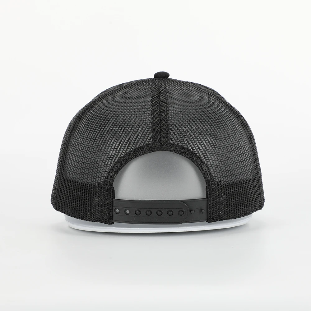 Oem Custom High Quality 5 Panel Cotton 3D Embroidery Logo Curved Brim Plain All Black Mesh Snap Back Trucker Cap Hat