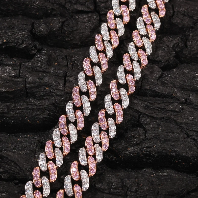 Fashion bling jewelry cz cubic zirconia pink diamond women cuban link chain necklace