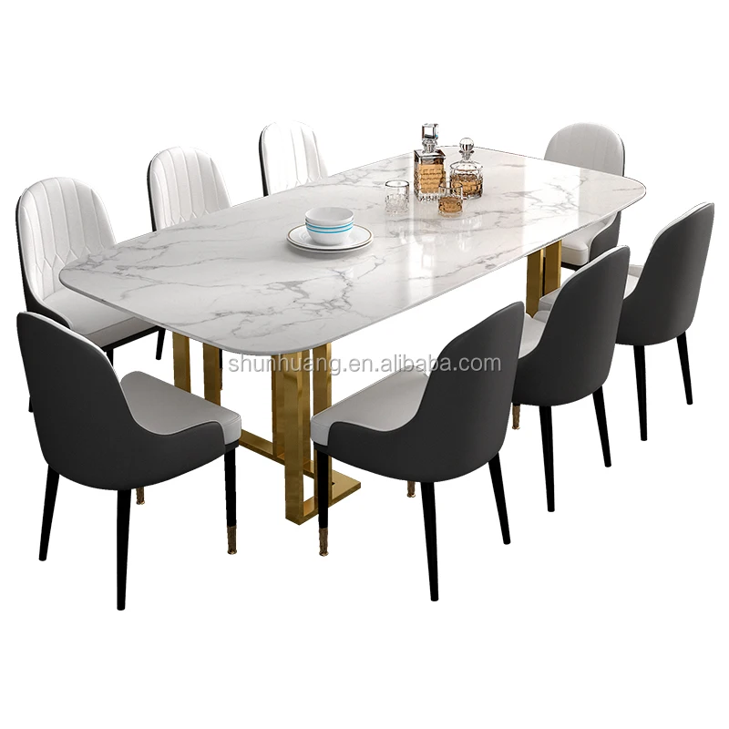 
Elegant style stainless steel dining set kitchen furniture with rectangle marble table 