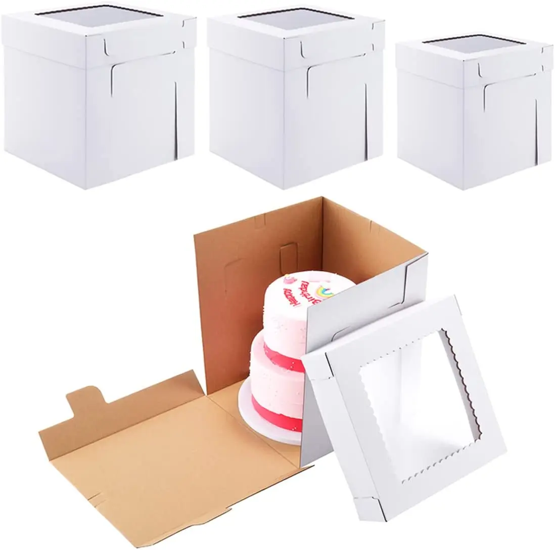 Tall Cake Boxes with Window 8x8x10,10x10x12 and 12x12x12Inch,Sturdy White Cake Boxes