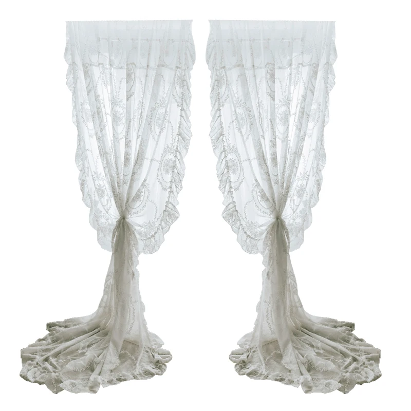 Hot sale Luxury European Style White trimming macrame Lace Curtain In Rolls Lotus Leaf Knitted Princess Wind Girl Gauze Curtain