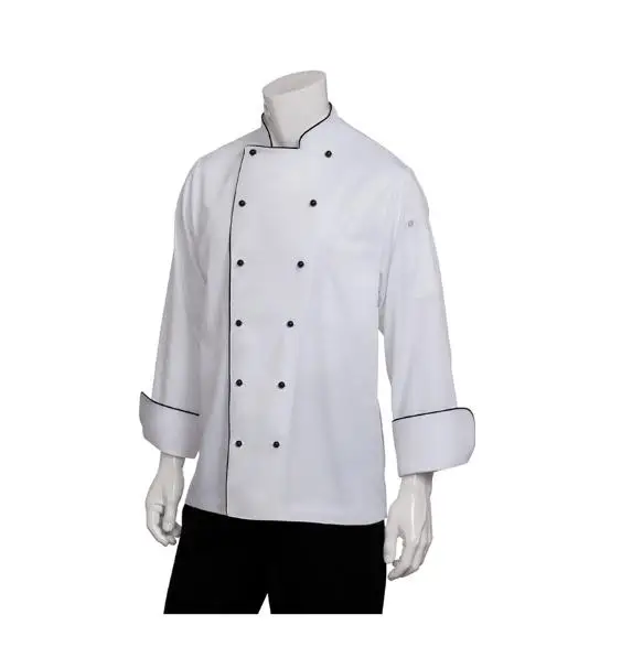 Custom restaurant hotel 50% cotton men and women fitted kitchen jacket white fabric long sleeves chef coat Italian chef uniform