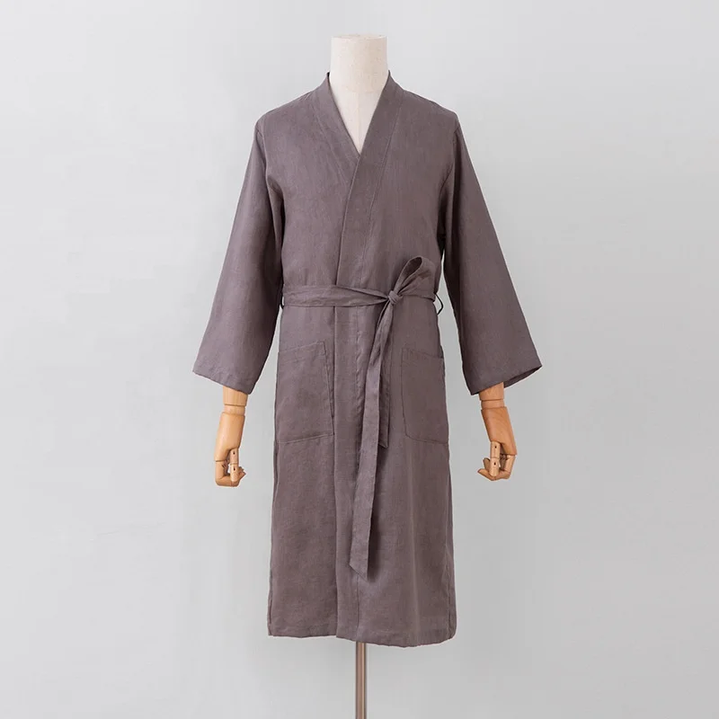 Custom logo Kimono Robe Cotton Linen Spa Sauna Bathrobe Sleepwear Loungewear Dressing Gown
