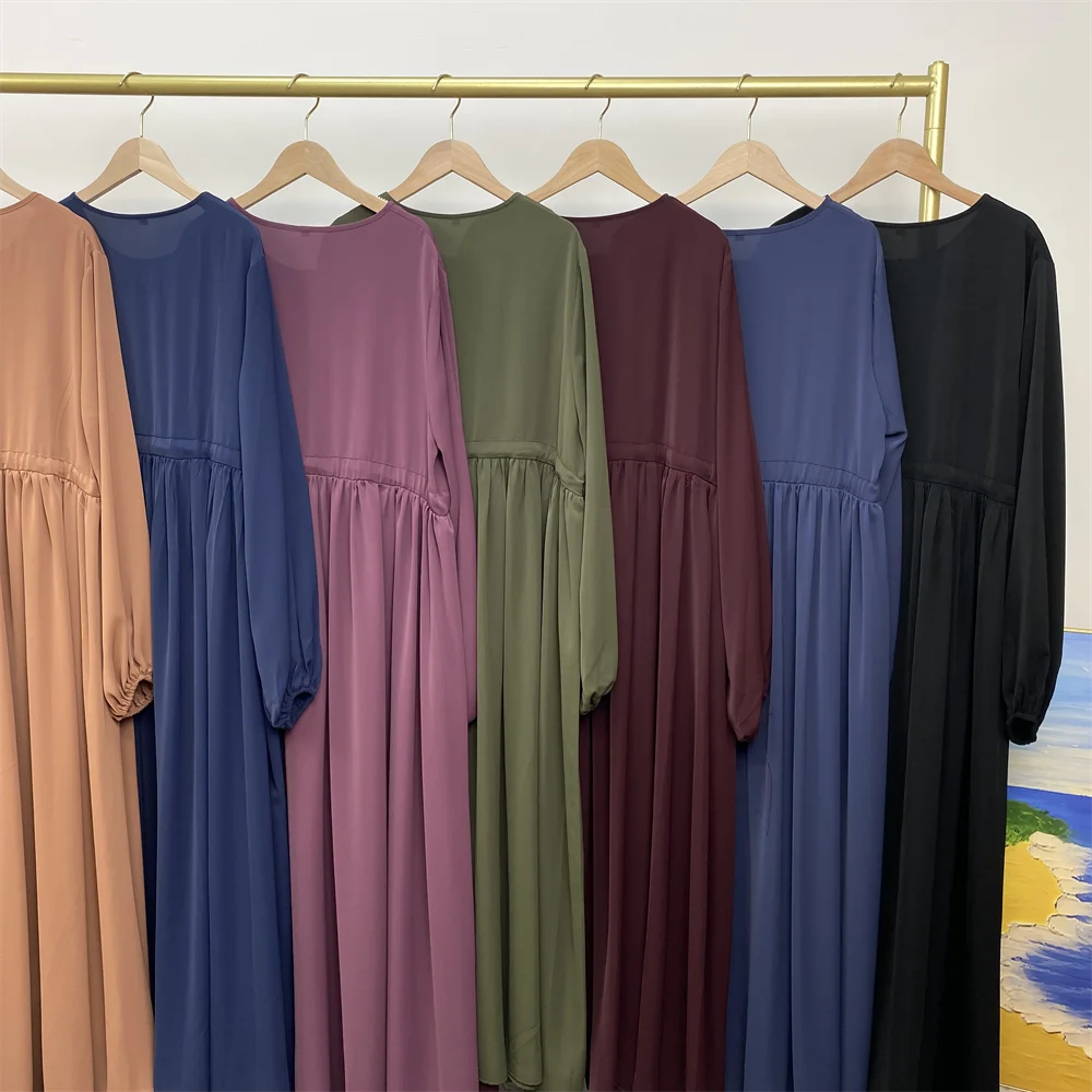 6692# New solid color closed abaya long sleeve modest muslim pregnancy abayas with front zip attached small string belt 6 colors