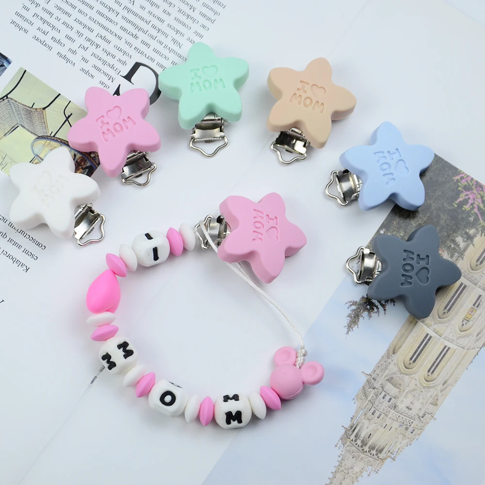 Customized Pattern Print Anti-lost Pentagram Shape Silicone Holder Pacifier Clip BPA Free Silicone Pacifier Holder