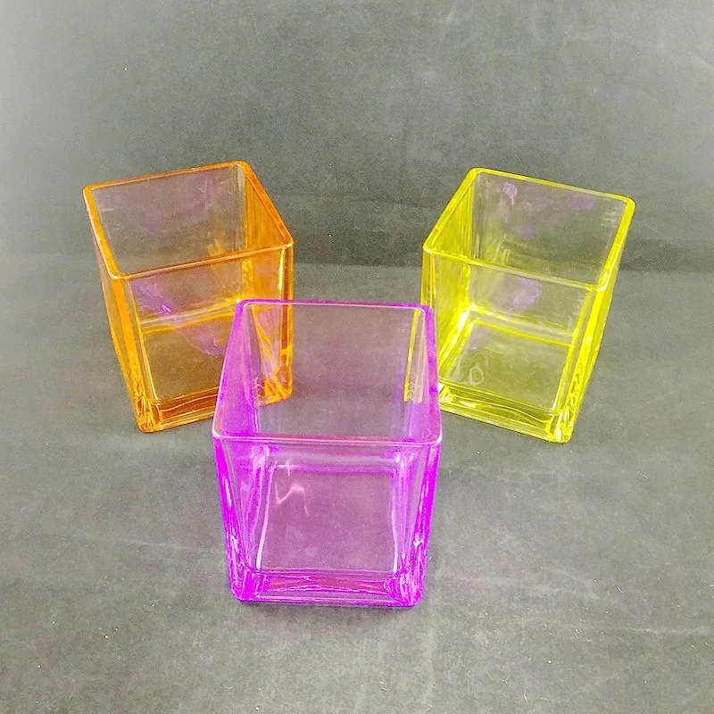 Hot Sale Large Quantity Glass Square Cube Vase/Cube Vase Glass/Red Color Cube Glass Vase for Flowers Planter