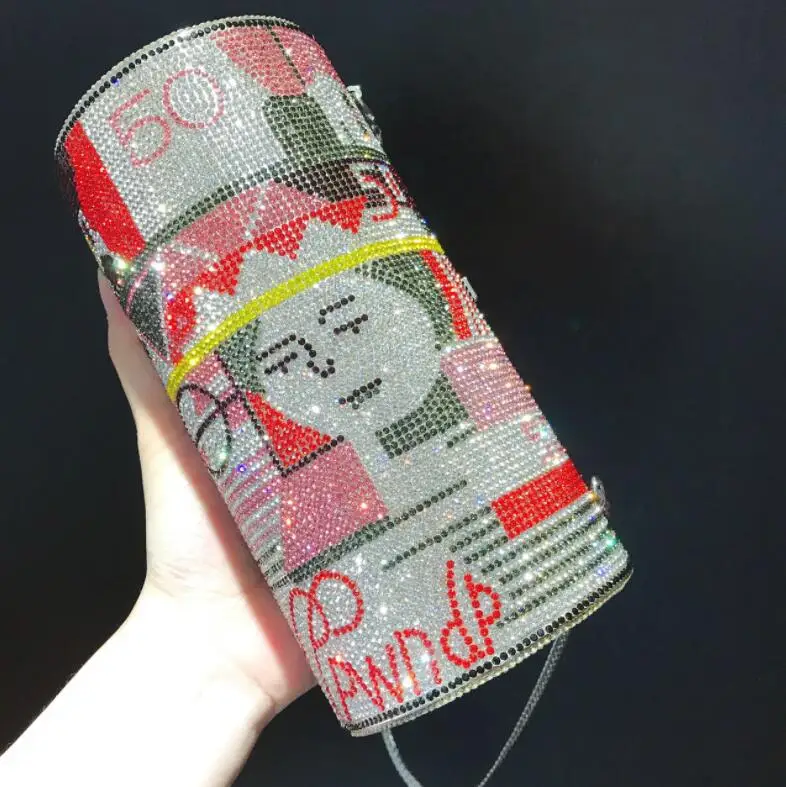 New Design Woman Luxury Roll Diamond Money Purse Bag Clutch 100 Dollar Handbag Ladies Evening Rhinestone Party Purse