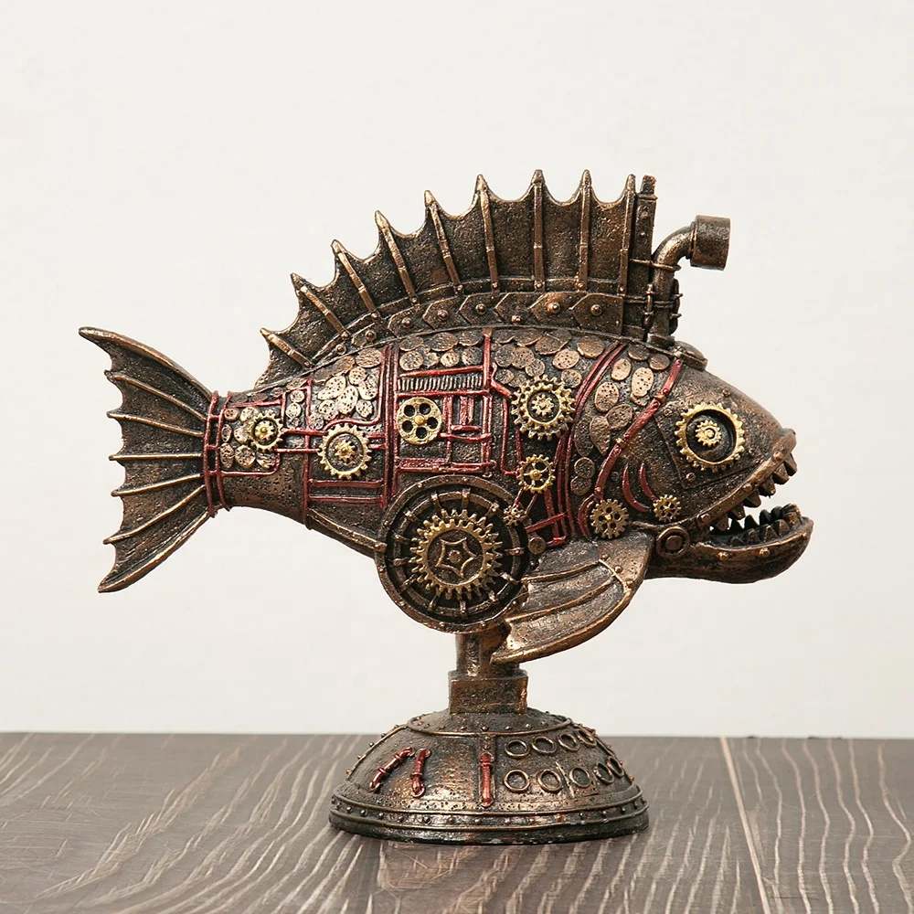Steampunk Submarine Fish Lamp Piranha Figurine Fish Sculpture Melanocetus Vintage Statue Gift Idea