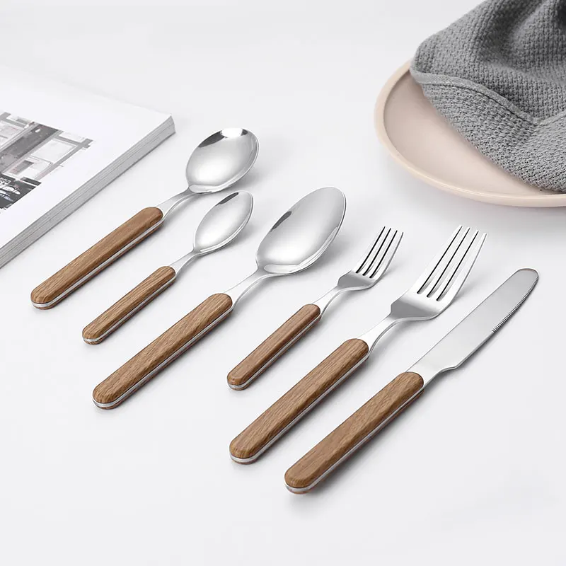 Wholesale Stainless Steel Knife Fork Spoon Set with Wooden Handle Home Kitchen Restaurant Food Grade Stainless Steel Cutlery