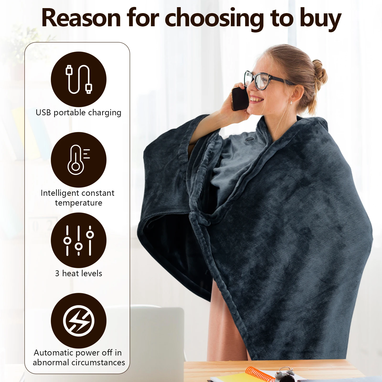 USB Heated Blanket,Heated Car Blanket,Machine Washable Super Cozy Soft Heated Blanket with 3 Heating Levels & Timing Function