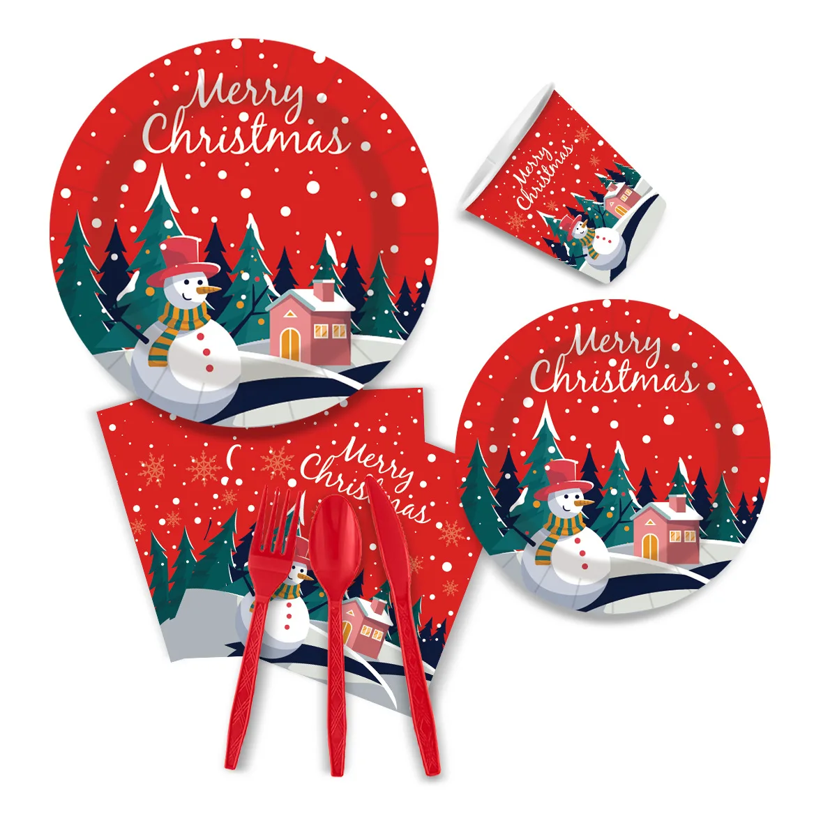 Wholesale Christmas Disposable Paper Plates Set Christmas Snowman Theme Tableware Paper Plate Tablecloth Napkin Xmas Supplies