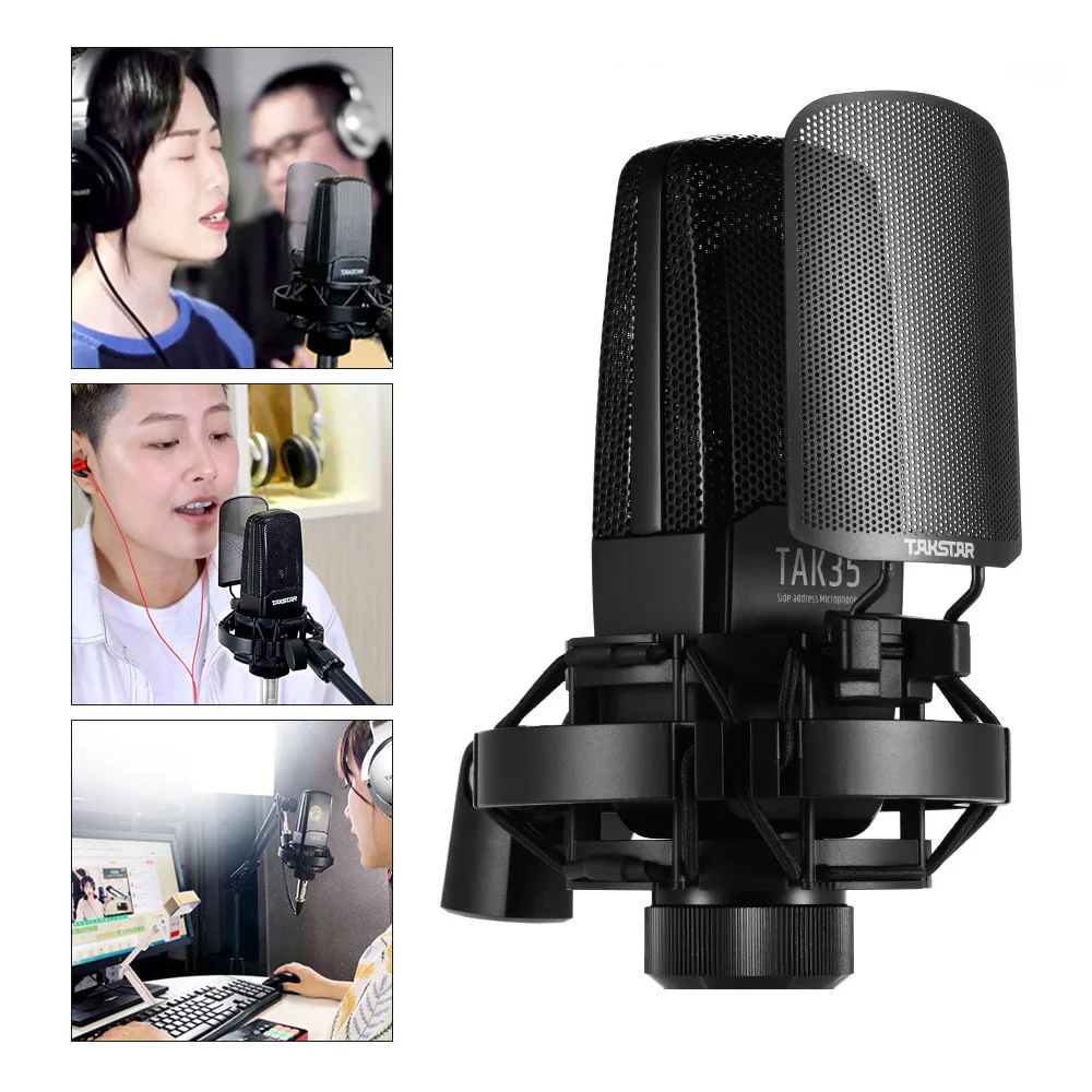 TAK35 Professional Recording Microphone Condenser Cardioid Mic with Metal Windscreen Shock Mount for Network Karaoke Liv