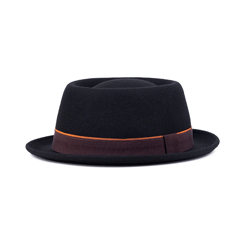 Wholesale custom logo black fedora hat australian wool small brim porkpie hat