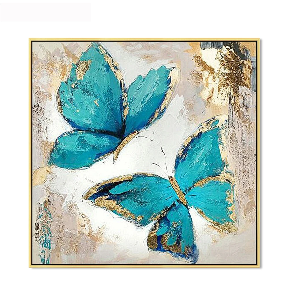 Newest Hand-painted Blue and Gold Winged Butterfly Oil Painting on Canvas for Decor Modern Abstract Knife Animals Wall Painting