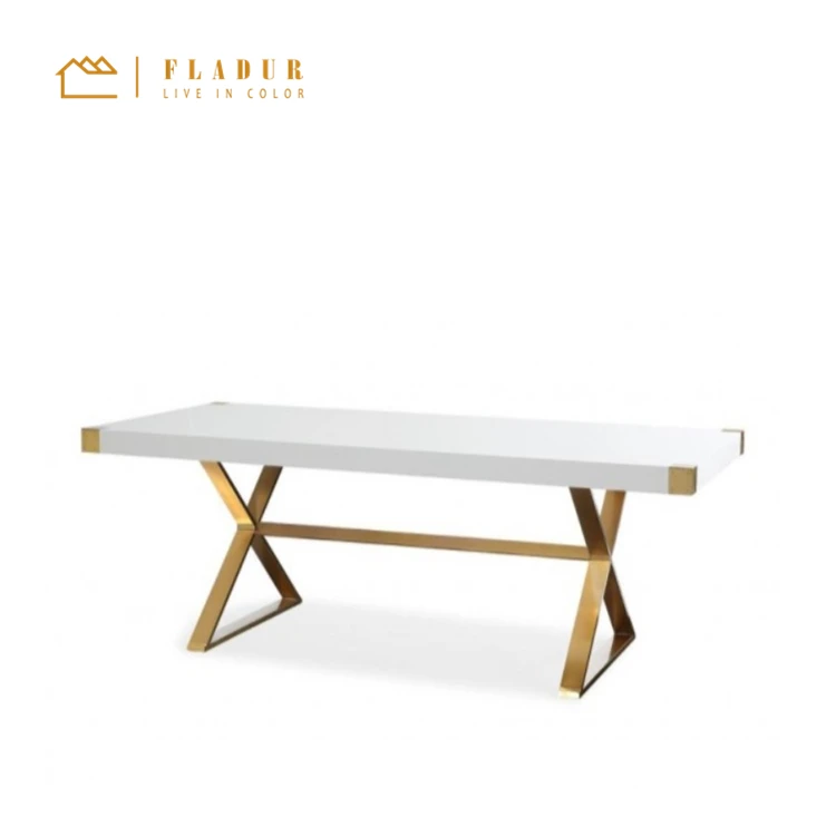 Glam White Lacquer Top Brushed Gold Base Metal Dining Table Coffee Table Living Room Bedroom