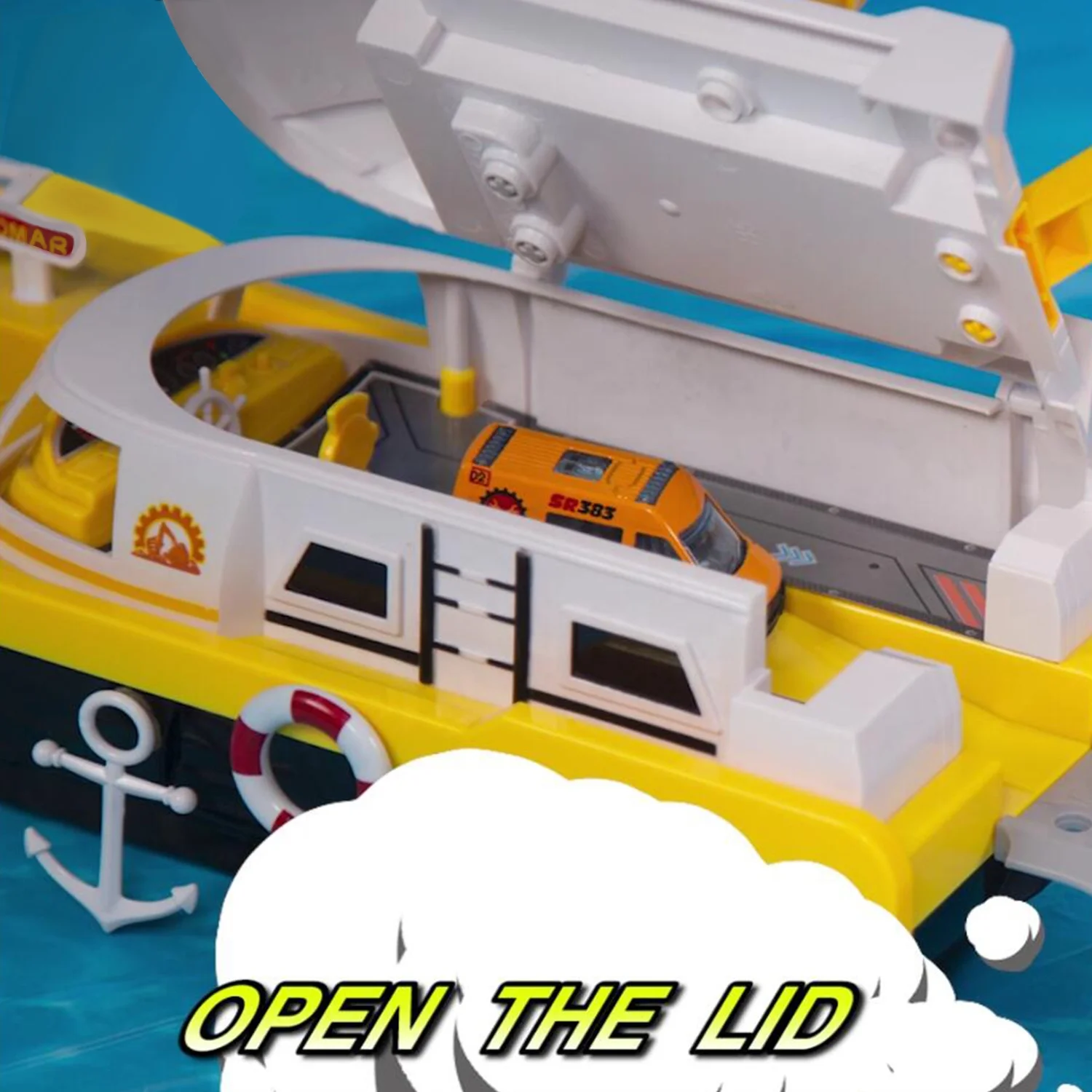 Sliding storage boat with light Deformation Ship Parking Lot Play Set with motorboat and die cast car