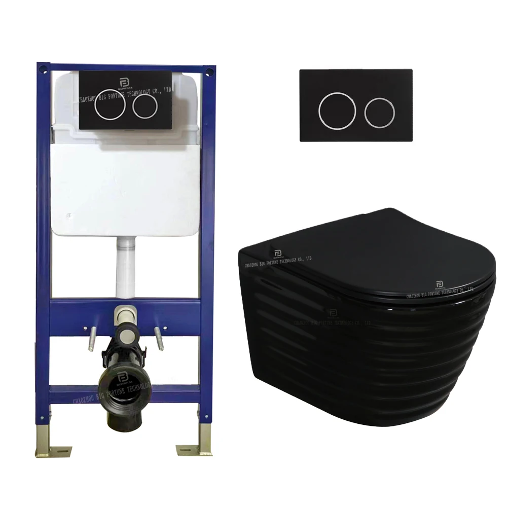 Modern porcelain round p trap hanging toilet bowl ceramic commode sanitary ware matt black rimless wall hung toilet with tank