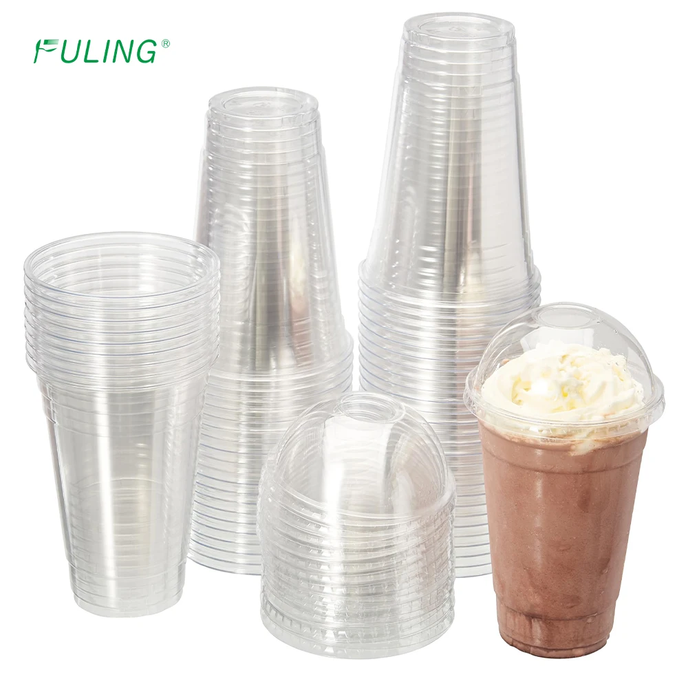 FULING custom printed 12 14 16 20 24 oz clear PET PP disposable plastic cup with dome lid
