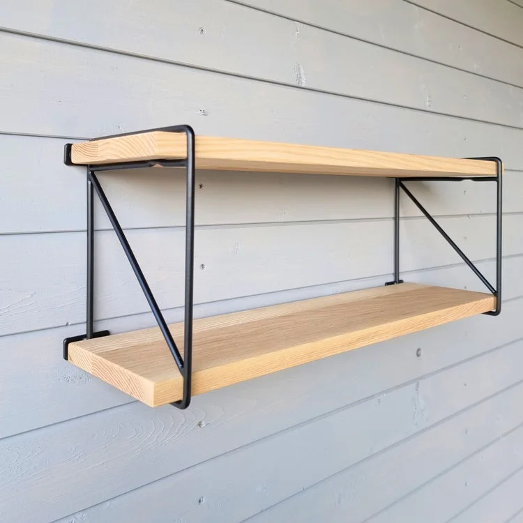 Farmhouse Wall-mounted Organization Wooden Shelf Rack With Black Metal Brackets Plants Display Rack Wall Shelf Floating