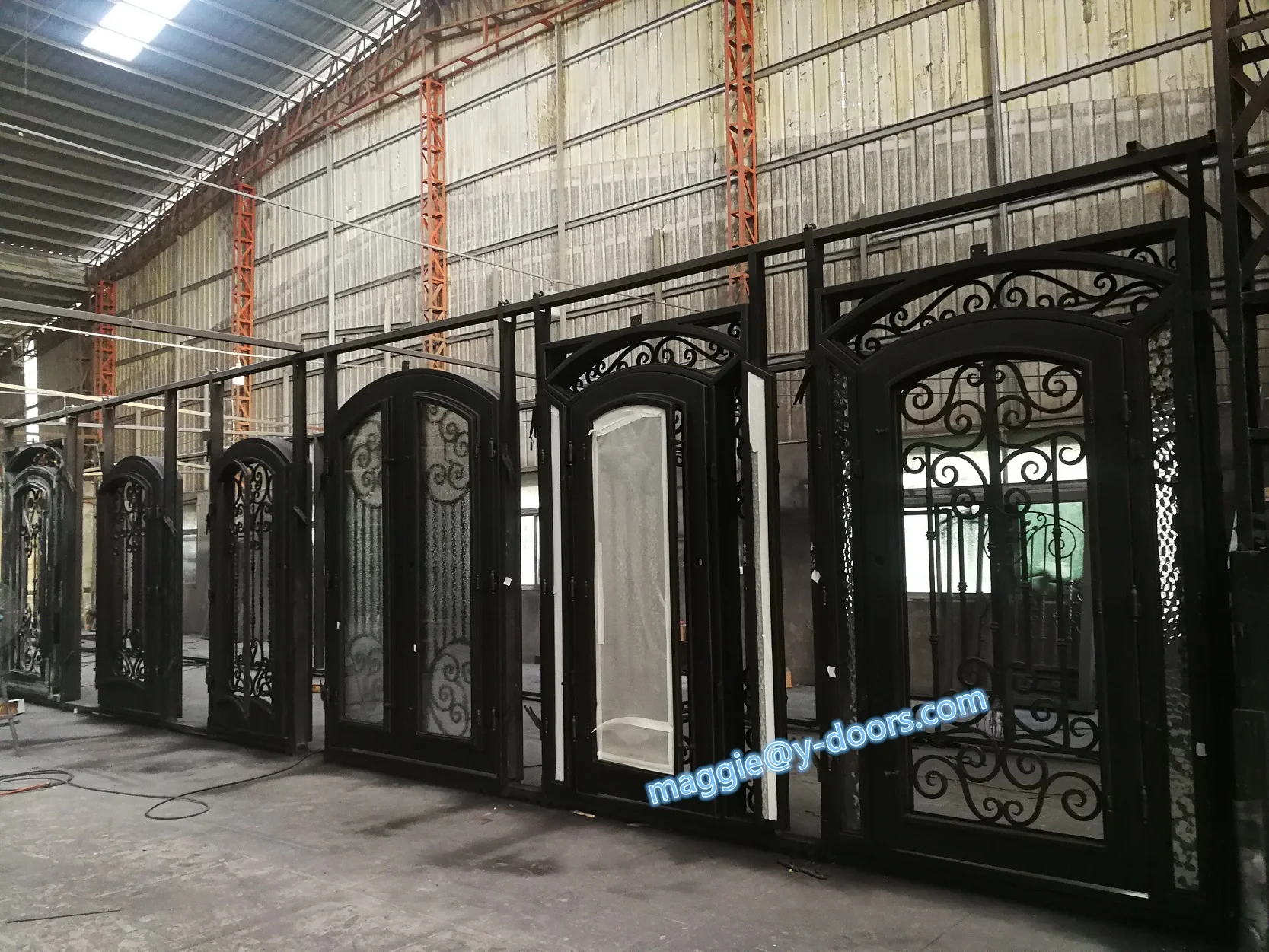 arch top American standard wrought iron door steel main double interior door with double sidelight