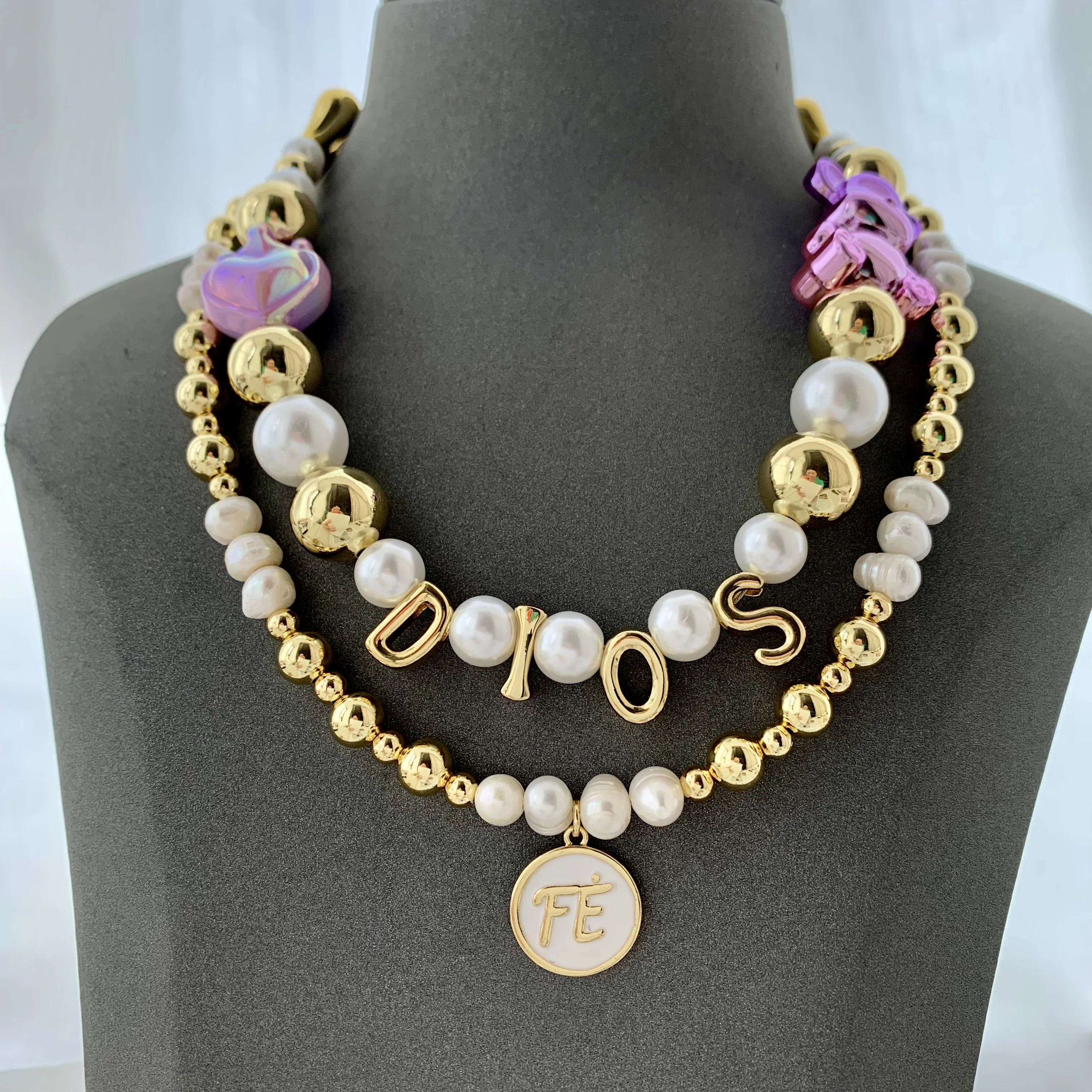 LS-L3617 Gorgeous enamel Fe necklaces God religious Dios necklace women men resin charms freshwater pearl necklace