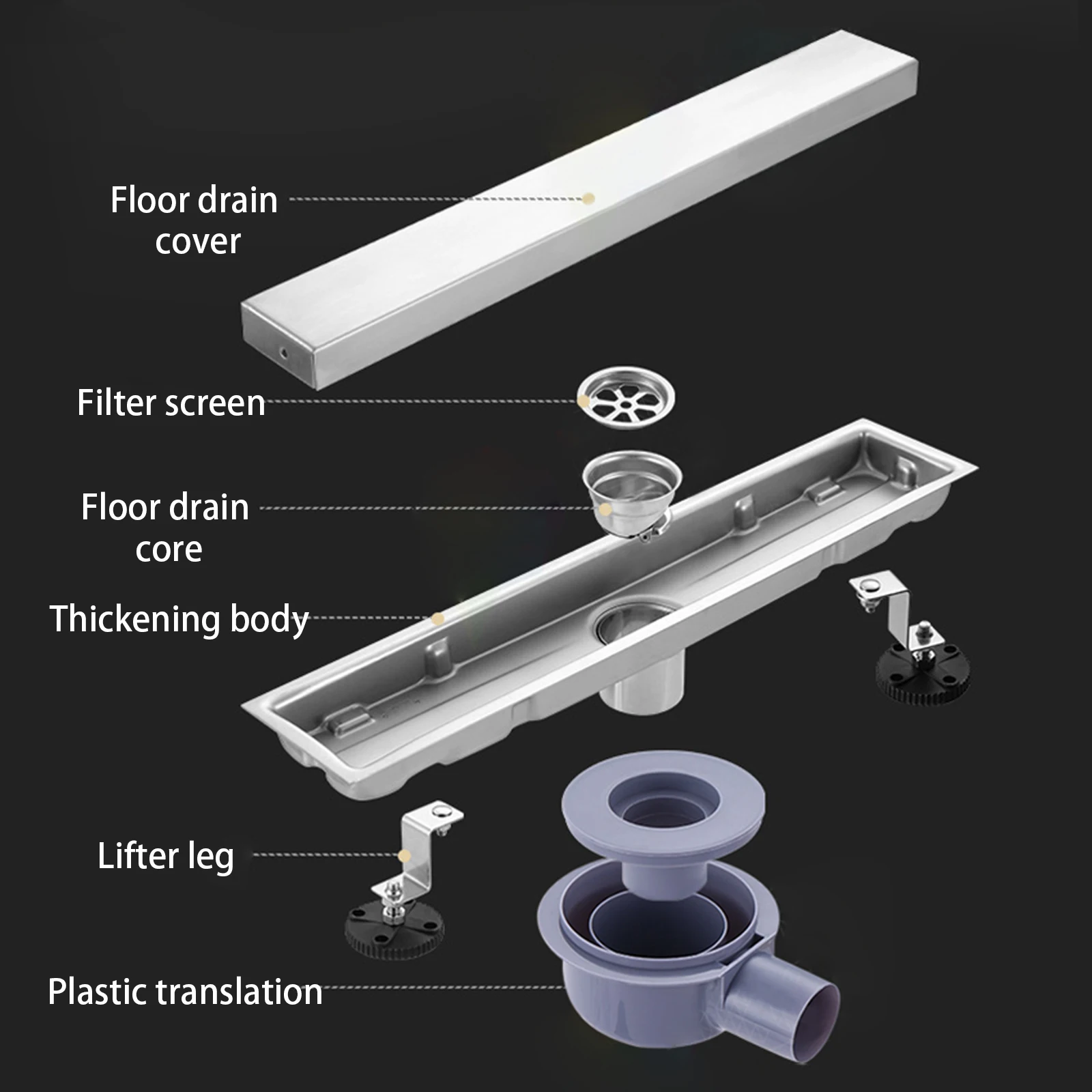 60cm long invisible floor drain 304 stainless steel hidden floor drain with plastic translation