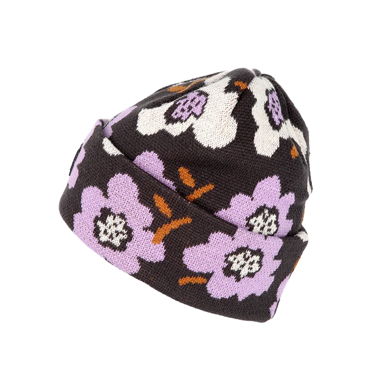 Sewingman 23SM4027 Custom Flower Jacquard Winter Knit Beanie hats with Cuff