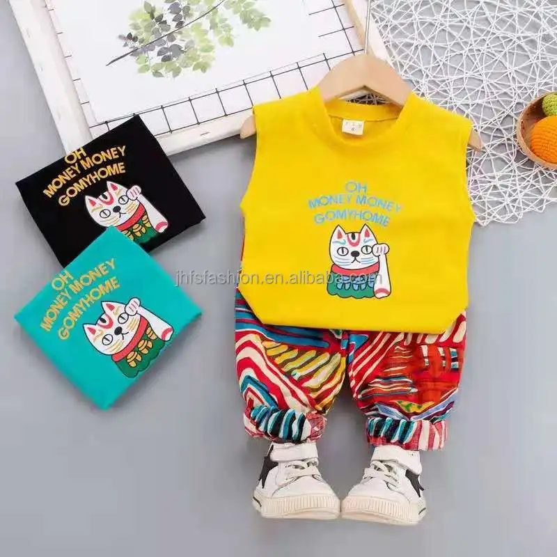 J&H fashion new arrivals kids terno sleeveless shirt graphic tees and jogger pants paint print ropa de ninos cute summer clothes