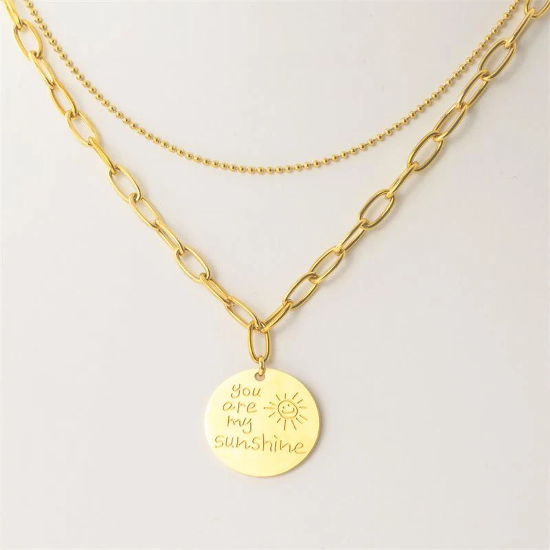 Double Choker Chain Round Coins you are my sunshine 14K gold plated Stainless Steel stack Pendant necklace for women