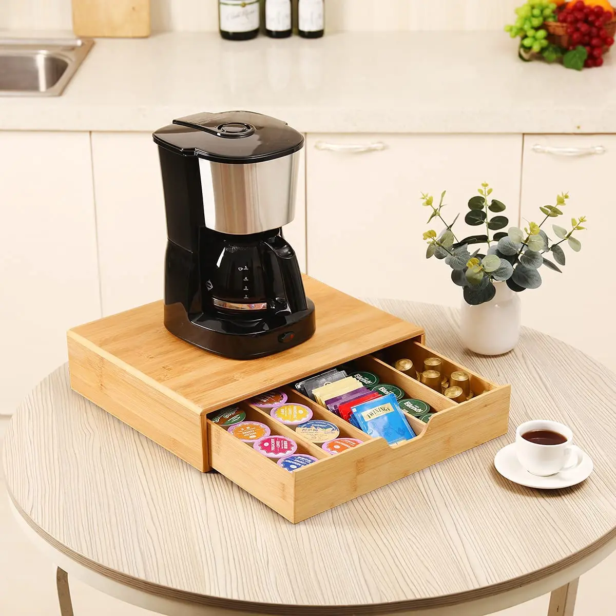 
OEM coffee pod organizer coffee holder coffee pod holder bamboo tea organizer to hold Espresso Pods, Tea storage drawer 